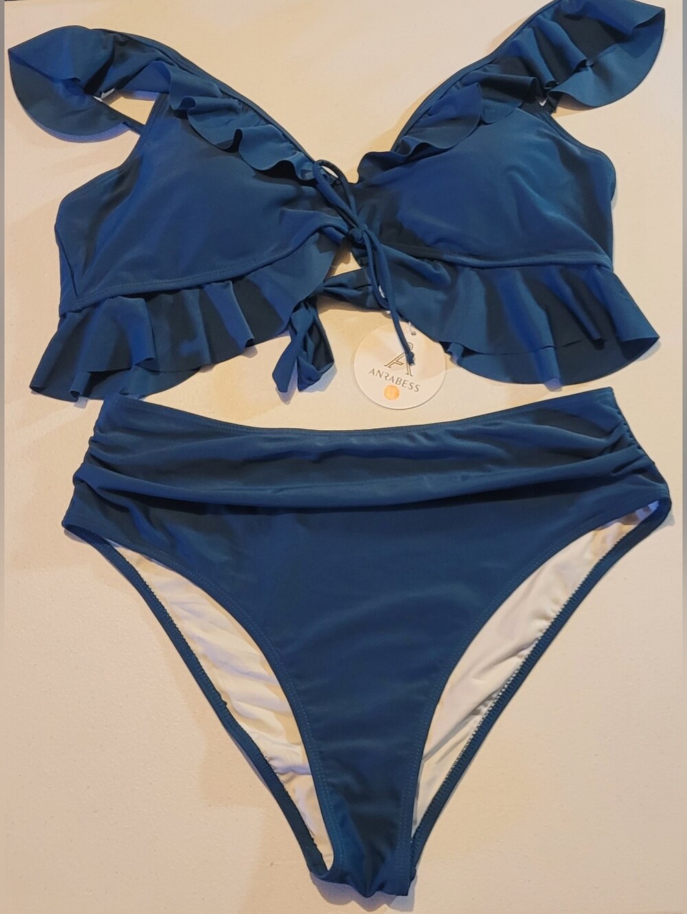 Anrabess Women's Ruffle Bikini Set in Deep Teal, XL